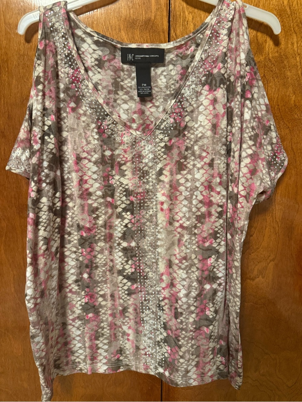 INC International Concepts Pink Taupe Patterned V-Neck Top